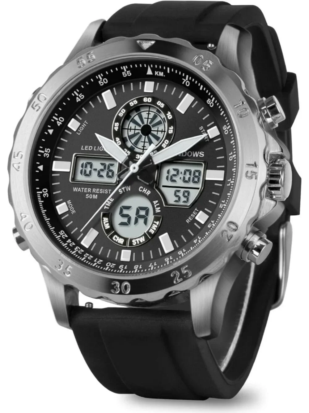 Men's Heavy Duty Black/Silvery Digital Analog Multifunction Casual Wrist Watch